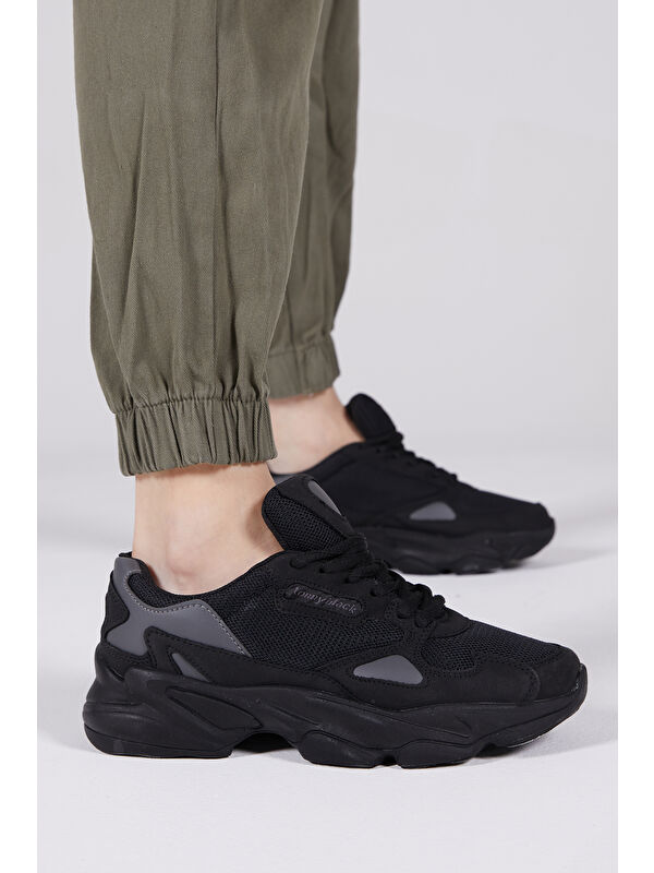 Unisex Siyah Rahat Kalıp Yüksek Taban Bağcıklı Spor Ayakkabı - Görsel 3