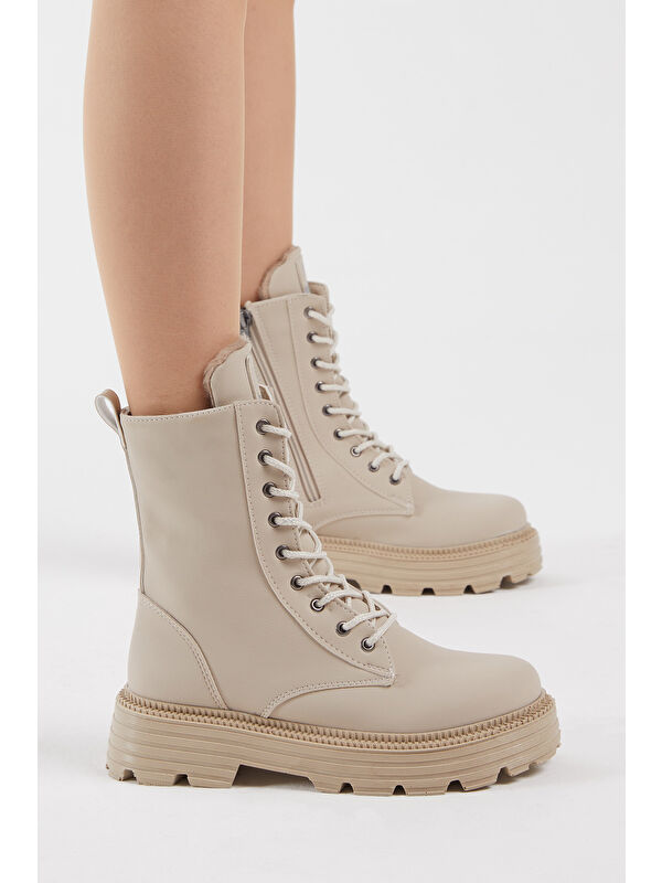 Kadın Krem Cilt Rahat Kalıp Kalın Taban Bağcıklı ve Fermuarlı Bot - Görsel 3