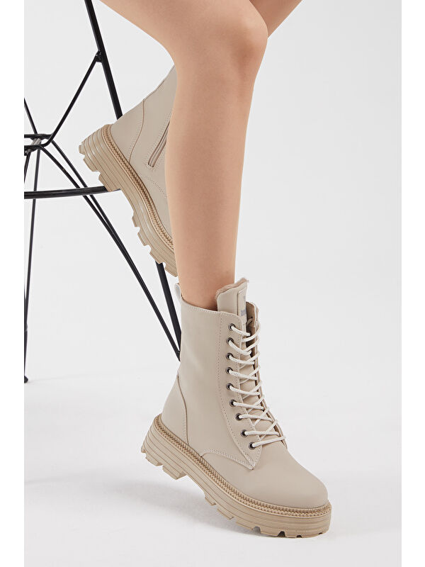 Kadın Krem Cilt Rahat Kalıp Kalın Taban Bağcıklı ve Fermuarlı Bot - Görsel 5