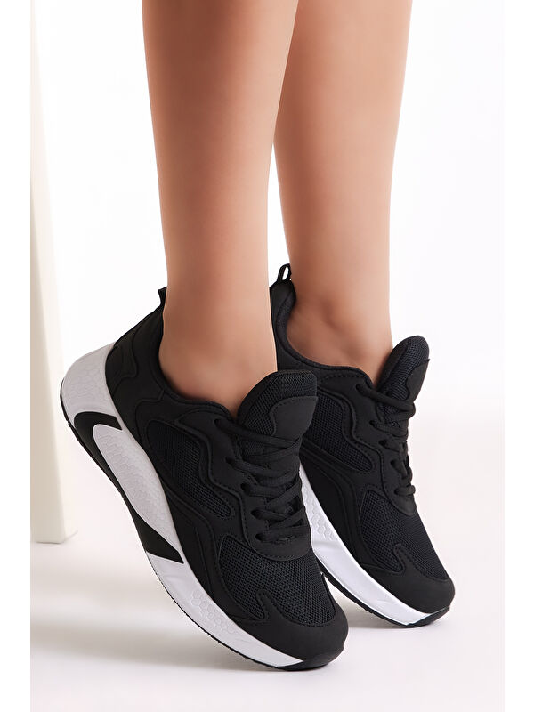 Unisex Siyah Beyaz Rahat Kalıp Yüksek Taban Bağcıklı Spor Ayakkabı - Görsel 3