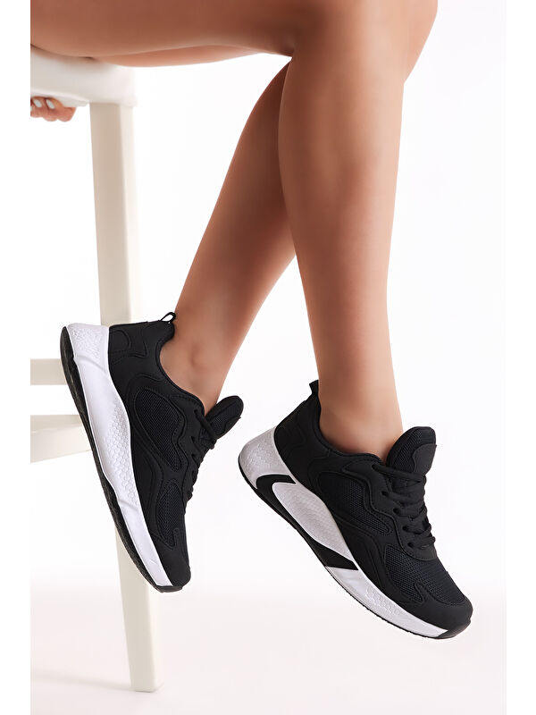 Unisex Siyah Beyaz Rahat Kalıp Yüksek Taban Bağcıklı Spor Ayakkabı - Görsel 4