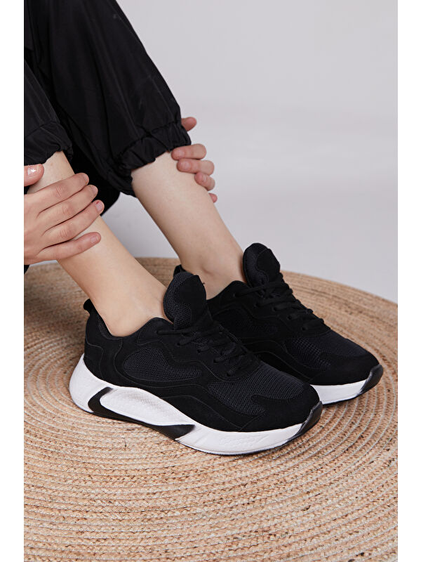 Unisex Siyah Beyaz Rahat Kalıp Yüksek Taban Bağcıklı Spor Ayakkabı - Görsel 5
