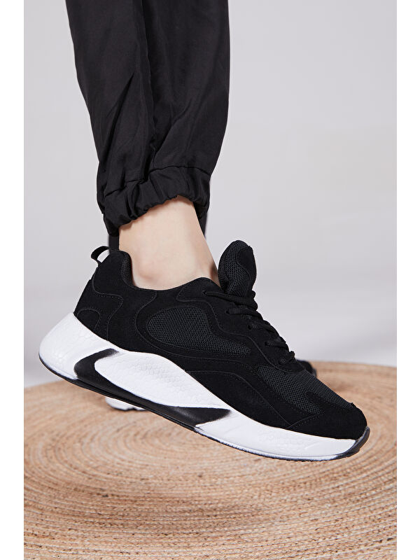 Unisex Siyah Beyaz Rahat Kalıp Yüksek Taban Bağcıklı Spor Ayakkabı - Görsel 6