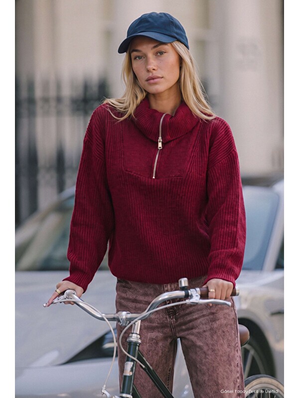 It's Basic Kadın Bordo w6-35 Oversize Fermuarlı Triko Kazak