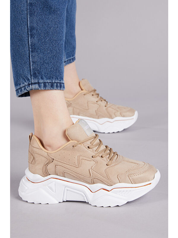 Kadın Toprak Rahat Kalıp Yüksek Taban Bağcıklı Spor Ayakkabı - Görsel 3