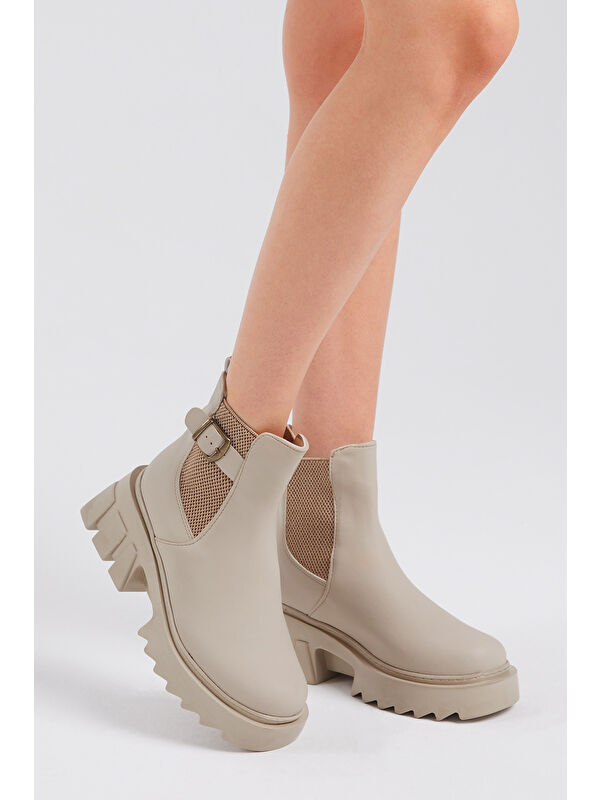 Kadın Krem Cilt Rahat Kalıp Kalın Taban Tokalı Lastikli Bot - Görsel 3