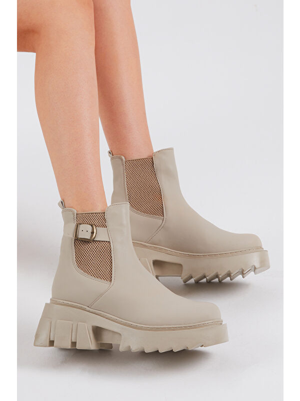 Kadın Krem Cilt Rahat Kalıp Kalın Taban Tokalı Lastikli Bot - Görsel 4