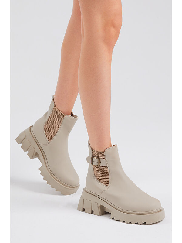 Kadın Krem Cilt Rahat Kalıp Kalın Taban Tokalı Lastikli Bot - Görsel 5