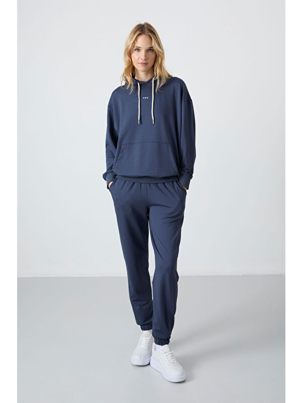 Tommylife Petrol Kapüşonlu Kanguru Cep Oversize Lastik Paça Kadın Eşofman Takımı - 95288