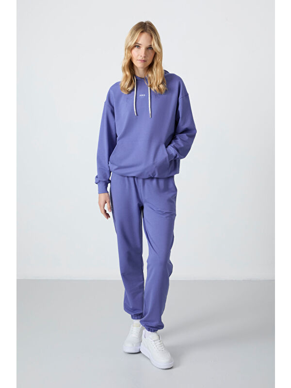 Tommylife Eflatun Kapüşonlu Kanguru Cep Oversize Lastik Paça Kadın Eşofman Takımı - 95288
