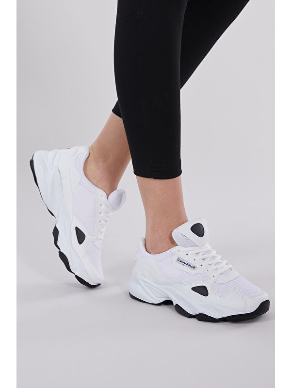 Unisex Beyaz Siyah Rahat Kalıp Yüksek Taban Bağcıklı Spor Ayakkabı - Görsel 4