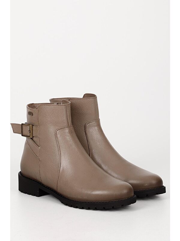 VİZON Hakiki Deri Yuvarlak Burun Kauçuk Taban Topuklu Fermuarlı Tokalı Kadın Günlük Bot 46460 - Görsel 3