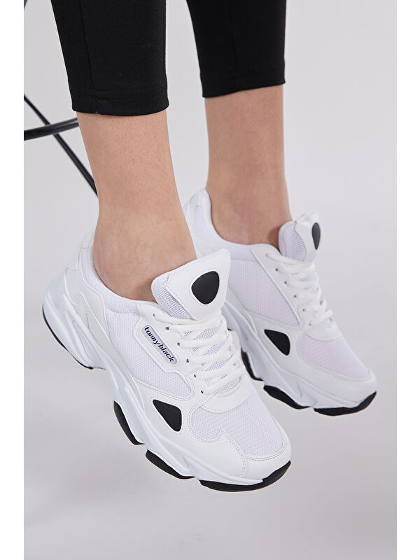 Unisex Beyaz Siyah Rahat Kalıp Yüksek Taban Bağcıklı Spor Ayakkabı - Görsel 5