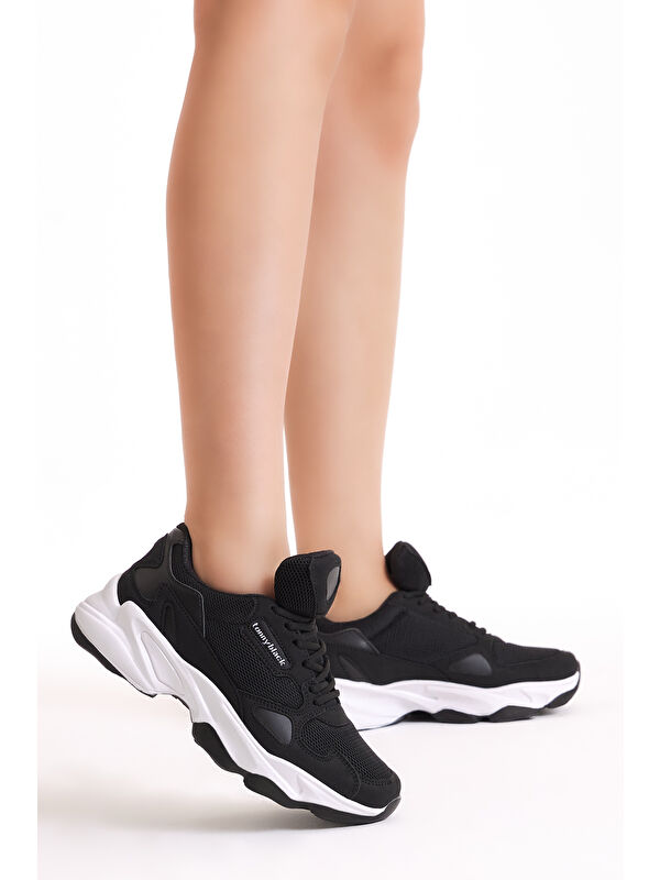 Unisex Siyah Beyaz Rahat Kalıp Yüksek Taban Bağcıklı Spor Ayakkabı - Görsel 3