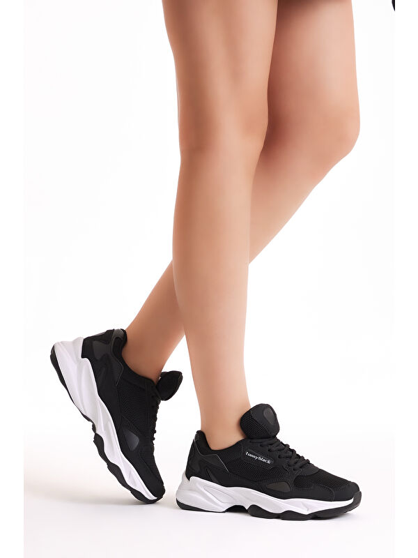 Unisex Siyah Beyaz Rahat Kalıp Yüksek Taban Bağcıklı Spor Ayakkabı - Görsel 4