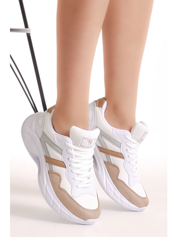 Kadın Beyaz Toprak Faylon Taban Şeritli Bağcıklı Spor Ayakkabı - Görsel 3