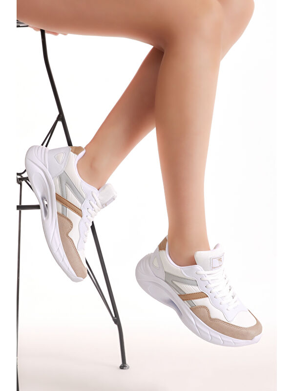 Kadın Beyaz Toprak Faylon Taban Şeritli Bağcıklı Spor Ayakkabı - Görsel 4