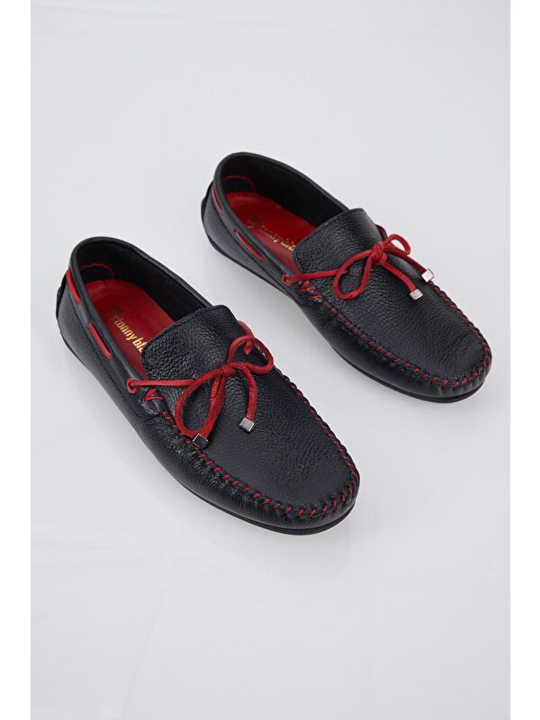 Erkek Siyah İp Detaylı Rahat Kalıp Hakiki Deri Loafer - Görsel 4