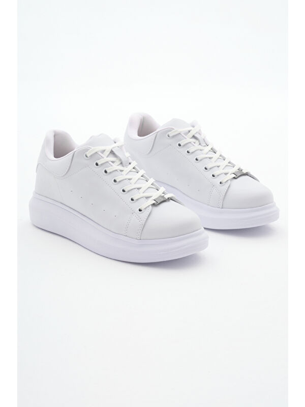 Unisex Beyaz Rahat Kalıp Yüksek Taban Bağcıklı Spor Ayakkabı - Görsel 4