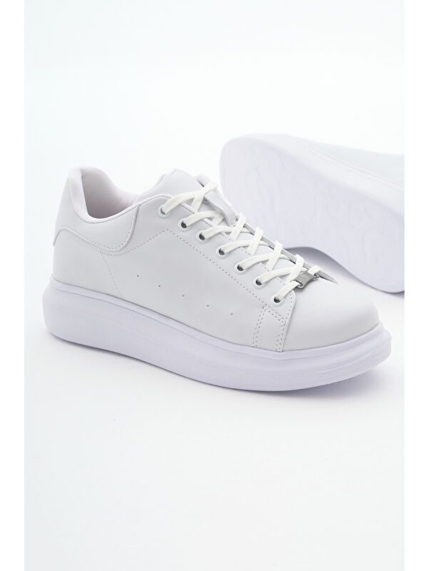 Unisex Beyaz Rahat Kalıp Yüksek Taban Bağcıklı Spor Ayakkabı - Görsel 5