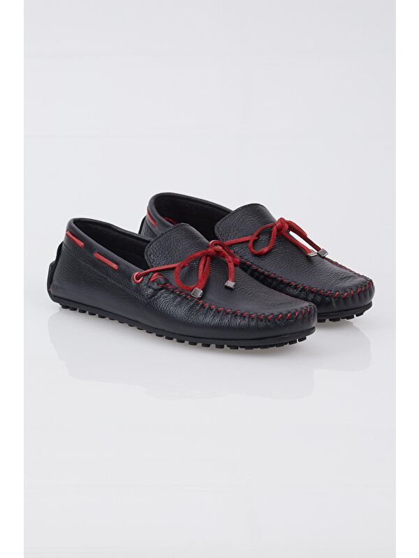 Erkek Siyah İp Detaylı Rahat Kalıp Hakiki Deri Loafer - Görsel 5