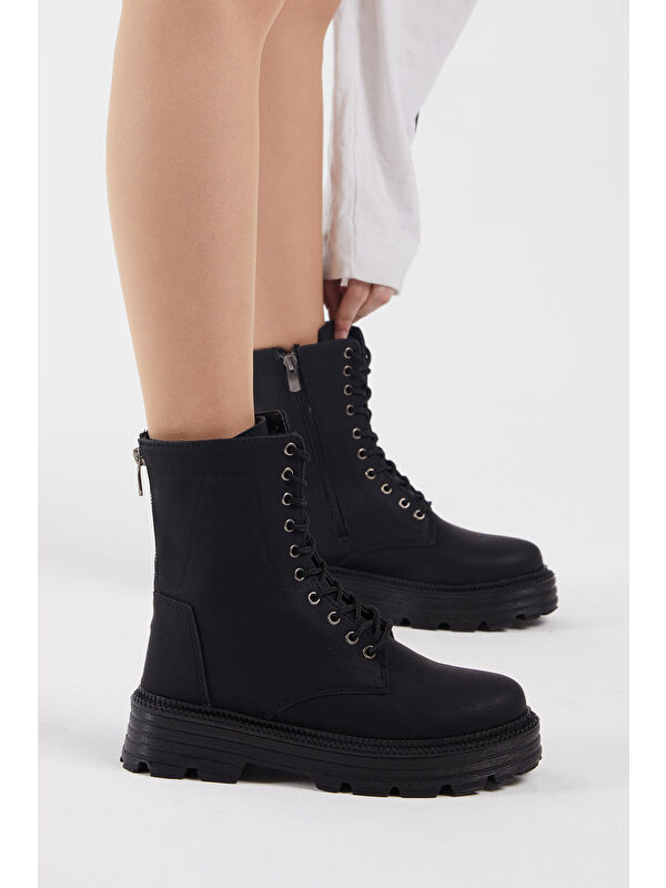 Kadın Siyah Cilt Poli Taban Arkası Fermuar Detaylı Bağcıklı ve Fermuarlı Bot - Görsel 3