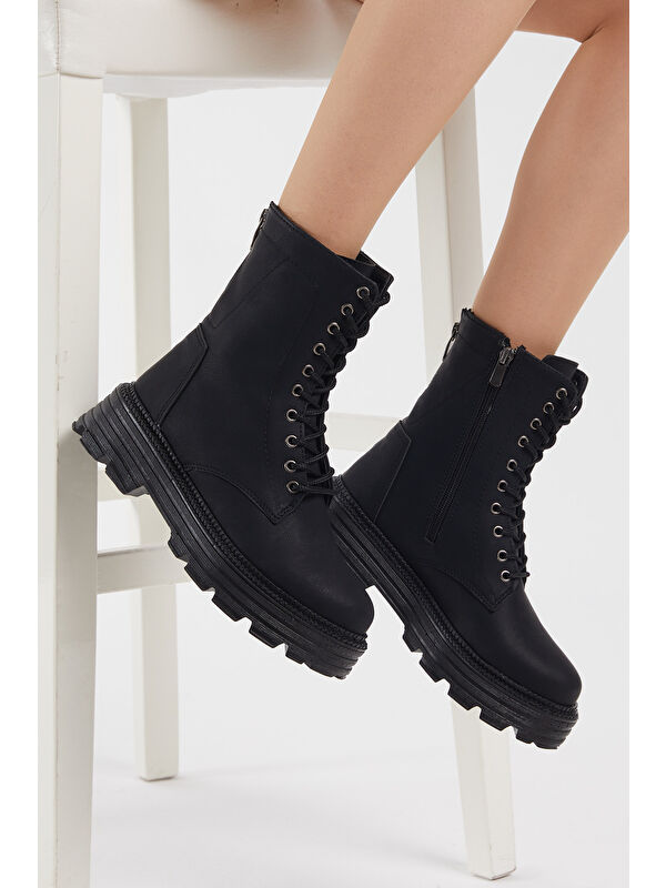 Kadın Siyah Cilt Poli Taban Arkası Fermuar Detaylı Bağcıklı ve Fermuarlı Bot - Görsel 5