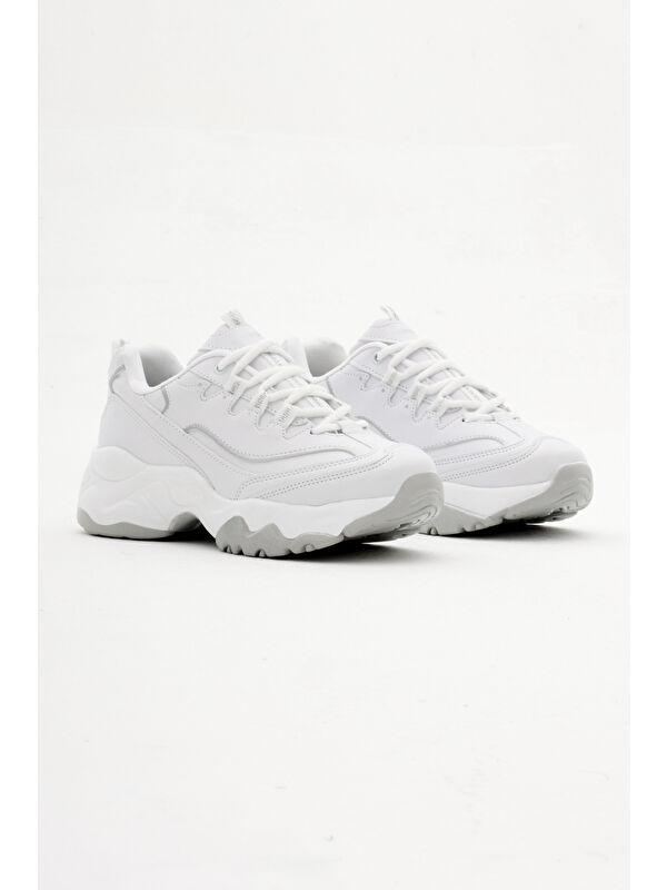 Kadın Beyaz Rahat Kalıp Yüksek Taban Bağcıklı Spor Ayakkabı - Görsel 3