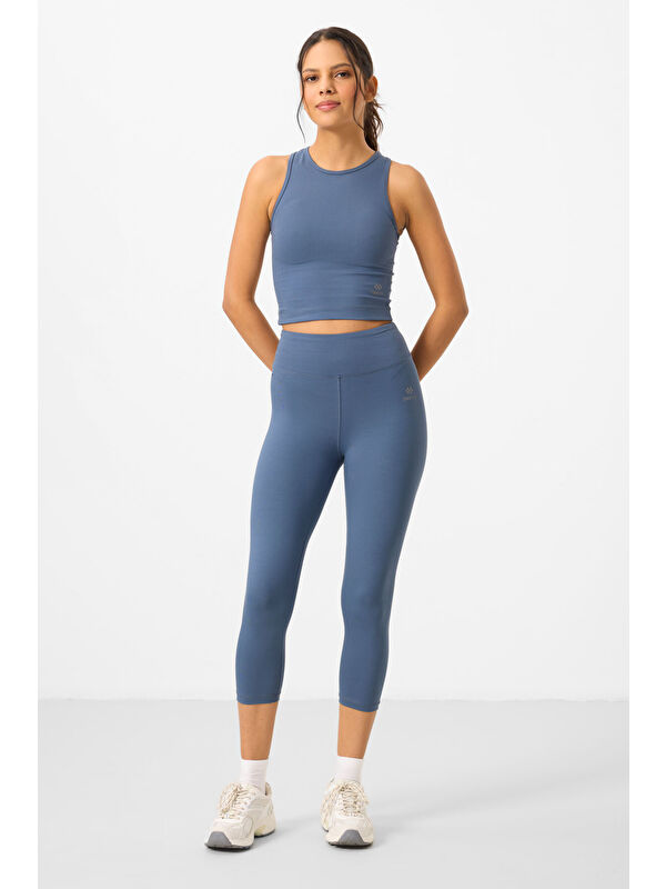 Tommylife Petrol Yüksek Bel Kapri-Crop Atlet Slim Fit Kadın Tayt Takım - 95284