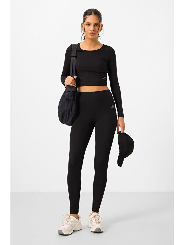 Tommylife Siyah Yüksek Bel Uzun Kollu Slim Fit Crop Top Kadın Tayt Takım - 95286