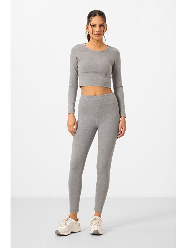 Tommylife Gri Melanj Yüksek Bel Uzun Kollu Slim Fit Crop Top Kadın Tayt Takım - 95286