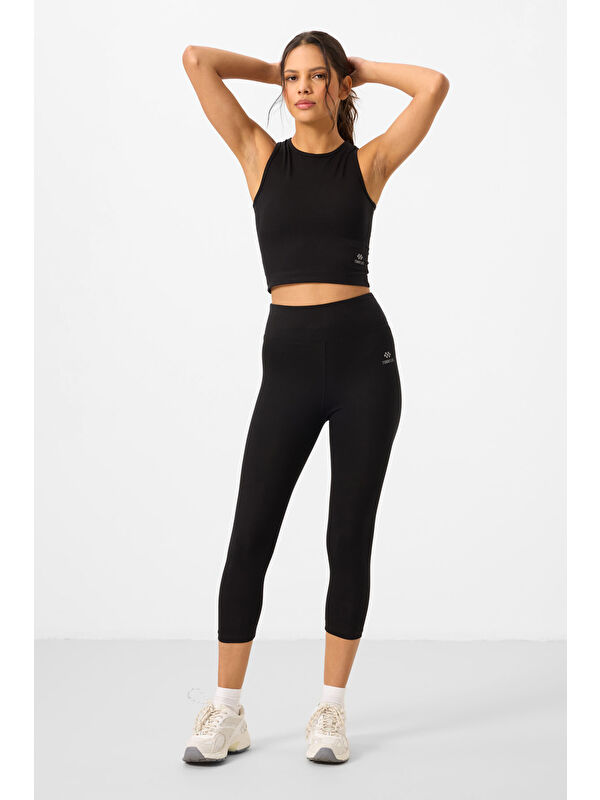 Tommylife Siyah Yüksek Bel Kapri-Crop Atlet Slim Fit Kadın Tayt Takım - 95284