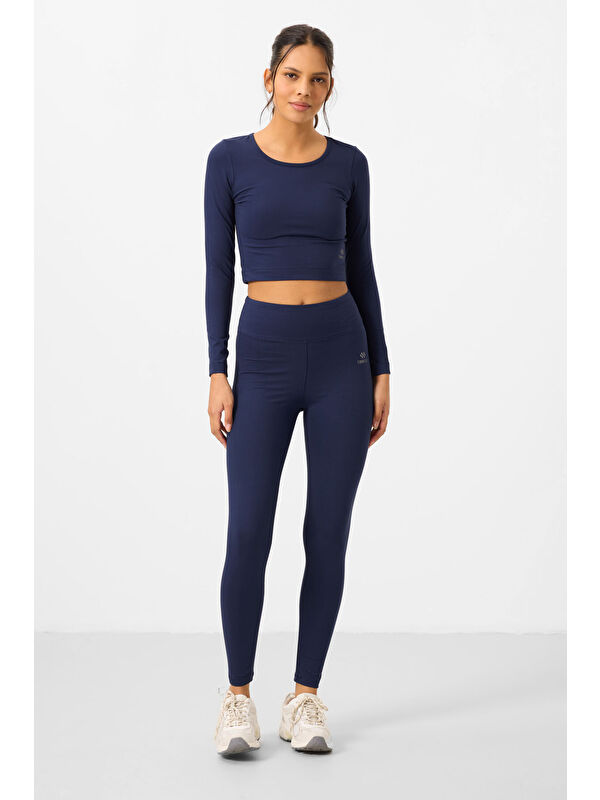 Tommylife İndigo Yüksek Bel Uzun Kollu Slim Fit Crop Top Kadın Tayt Takım - 95286