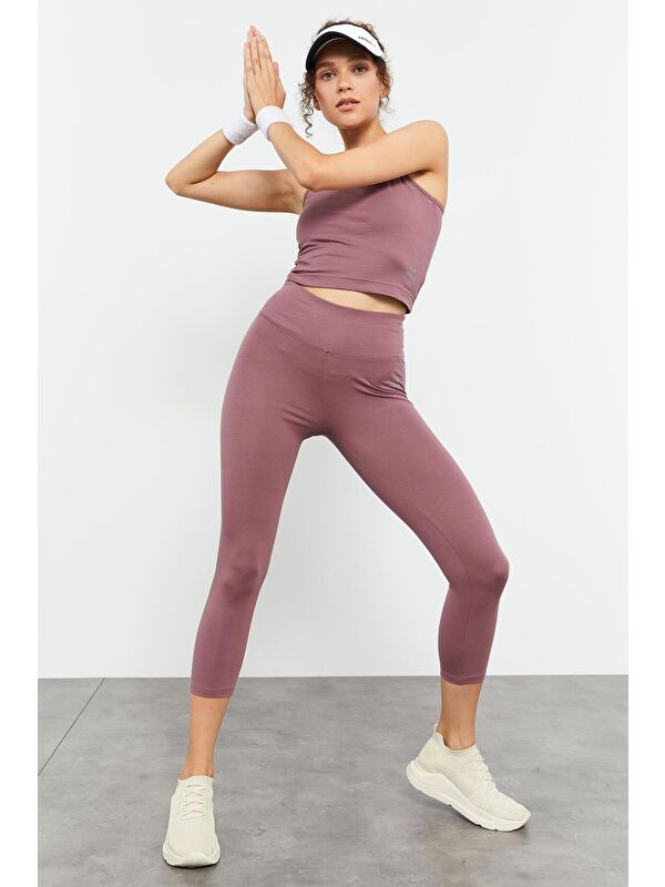 Tommylife Gül Kurusu Yüksek Bel Kapri-Crop Atlet Slim Fit Kadın Tayt Takım - 95284