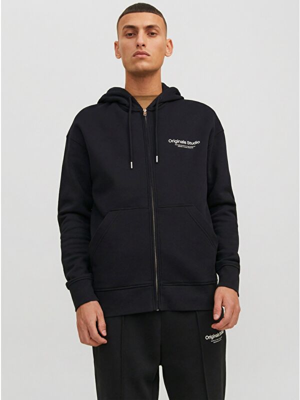 Jack & Jones Vesterbro Siyah Kapüşonlu Erkek Fermuarlı Sweatshirt Hırka