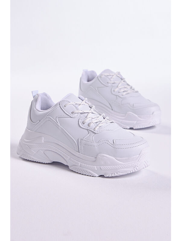 Kadın Beyaz Cilt Yüksek Taban Bağcıklı Spor Ayakkabı - Görsel 3