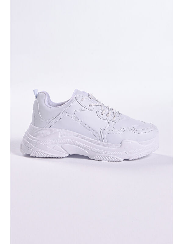 Kadın Beyaz Cilt Yüksek Taban Bağcıklı Spor Ayakkabı - Görsel 4