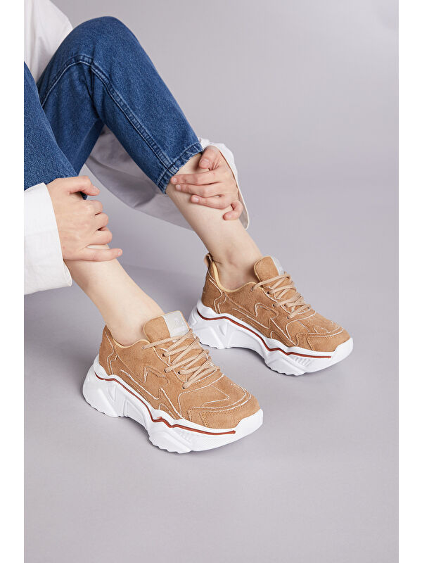 Kadın Vizon Rahat Kalıp Yüksek Taban Bağcıklı Spor Ayakkabı - Görsel 3