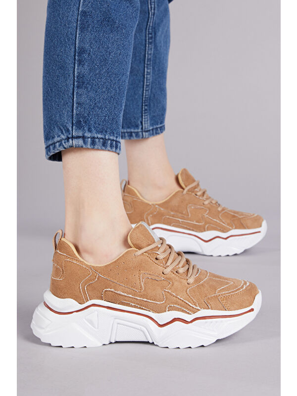 Kadın Vizon Rahat Kalıp Yüksek Taban Bağcıklı Spor Ayakkabı - Görsel 4