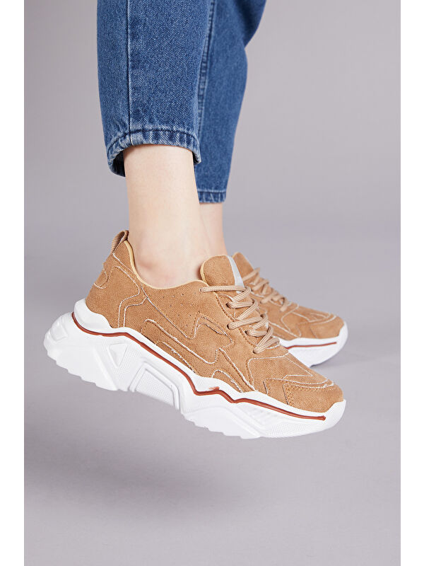 Kadın Vizon Rahat Kalıp Yüksek Taban Bağcıklı Spor Ayakkabı - Görsel 5