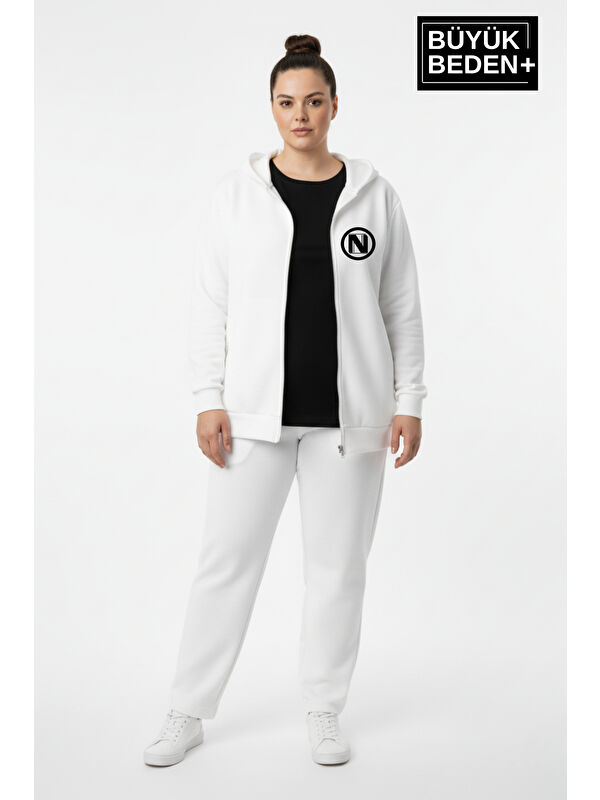 Süperlife Kadın Büyük Beden Kapüşonlu Fermuarlı N Baskılı ince Sweatshirt Hırka SPR26BHRK922