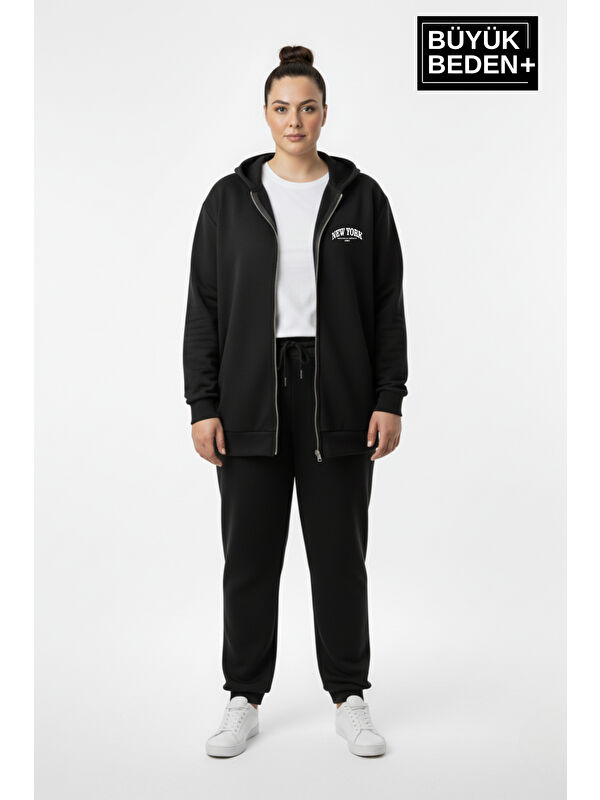 Süperlife Kadın Büyük Beden Fermuarlı Kapüşonlu New York Baskılı ince Sweatshirt Hırka SPR26BHR923