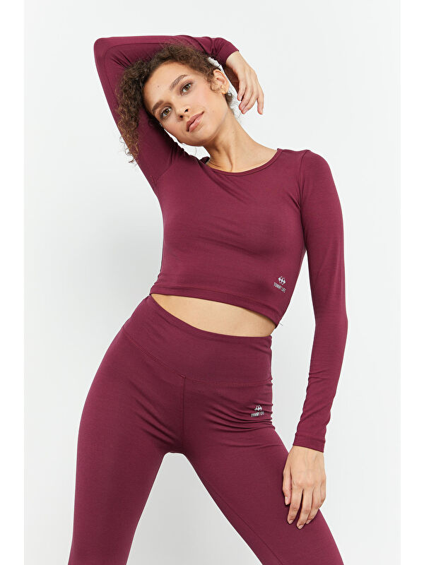 Tommylife Bordo Uzun Kollu Dar Kalıp  O Yaka Kadın Crop Top Tişört - 97150