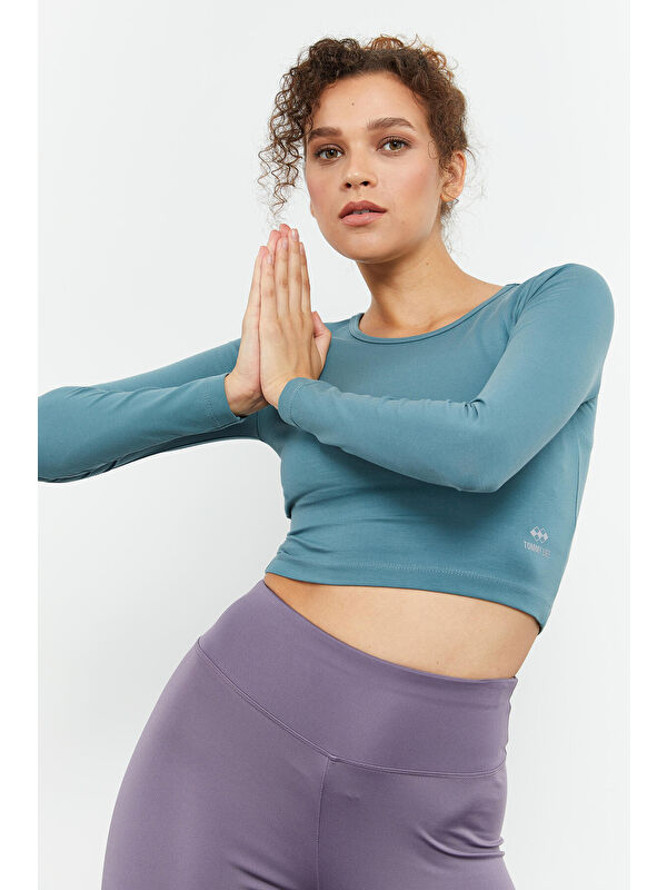 Tommylife Mint Yeşili Uzun Kollu Dar Kalıp  O Yaka Kadın Crop Top Tişört - 97150