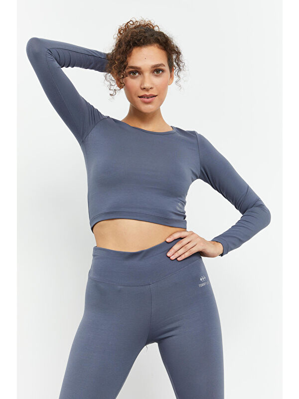 Tommylife Petrol Uzun Kollu Dar Kalıp  O Yaka Kadın Crop Top Tişört - 97150