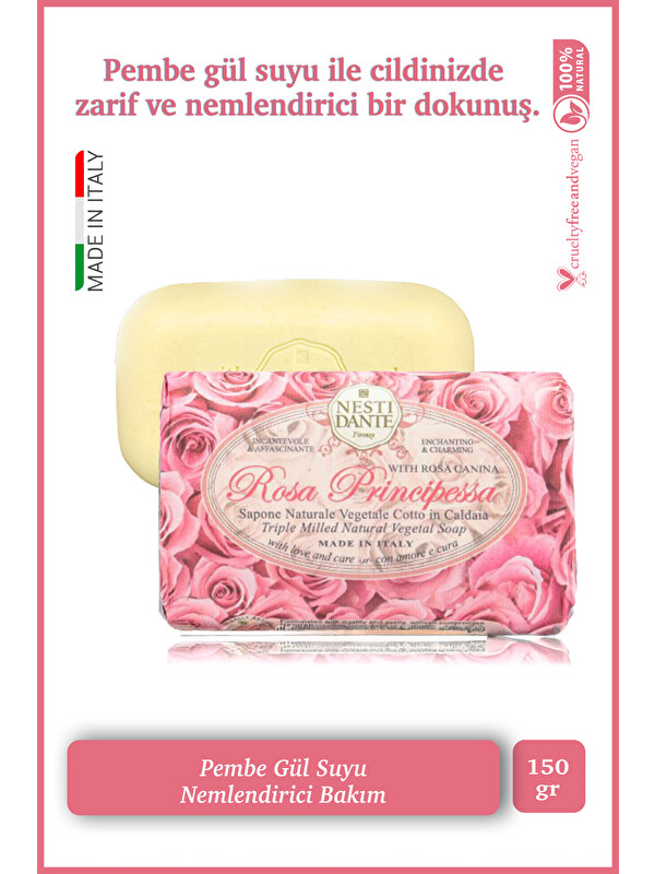 Nesti Dante Sabun Le Rose Principessa Pembe Gül Suyu ve Kokulu Nemlendirici Vegan Bakım 150 g