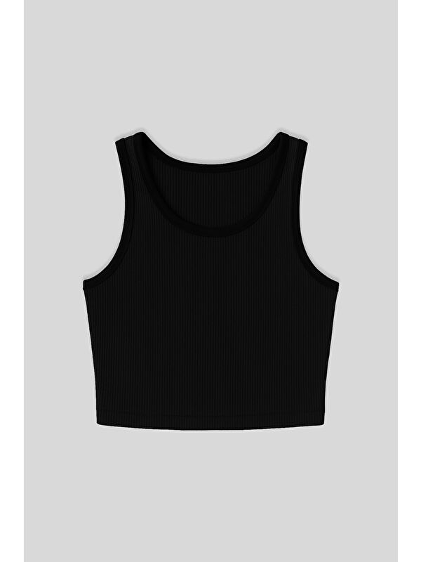 Tommylife Siyah Basic Sıfır Kol Dar Kalıp U Yaka Kadın Crop Top Atlet - 97160