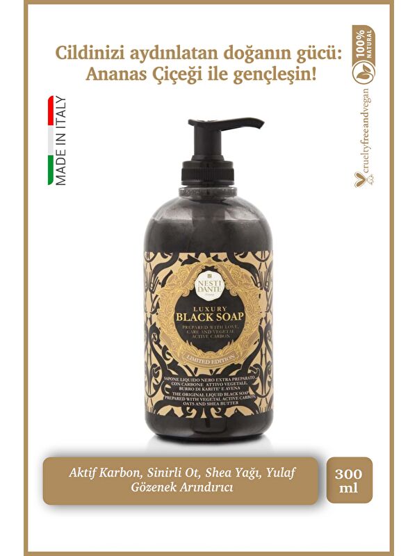 Nesti Dante Luxury Black Aktif Karbon Sıvı Sabun 500ml l Gözenek Arındırıcı l Shea Yağı,Sümbül, Yase