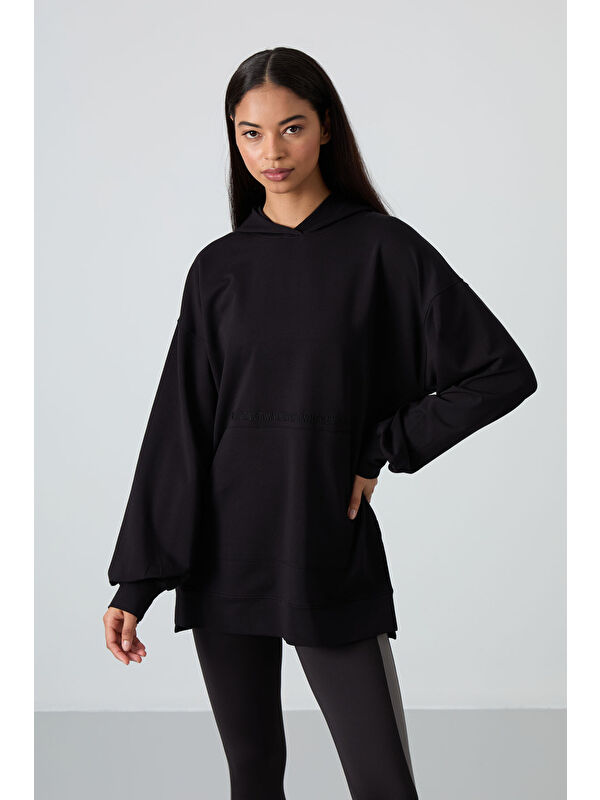 Tommylife Siyah Balon Kol Yazı Nakışlı Kadın Oversize Tunik Sweatshirt - 97163