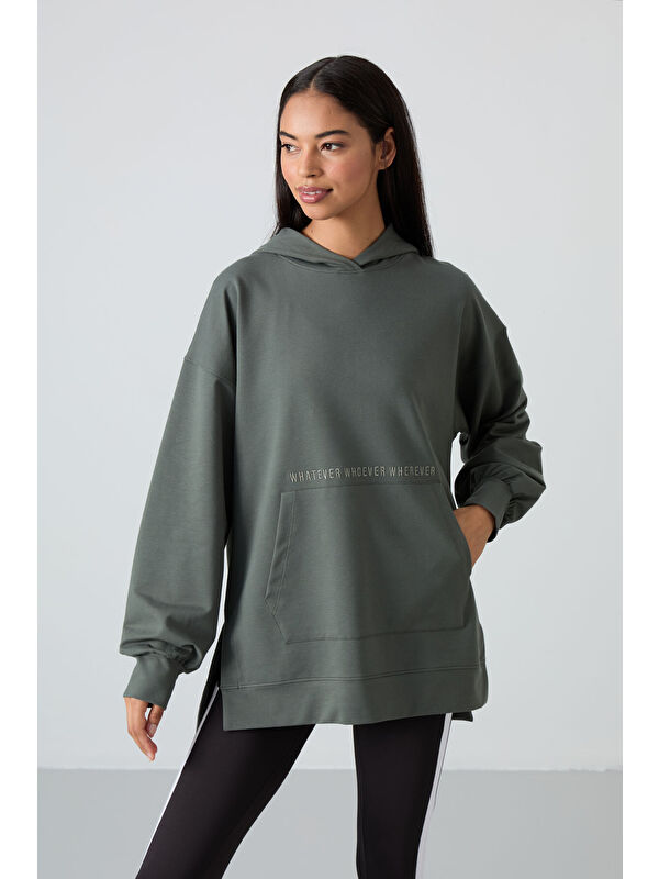 Tommylife Çağla Balon Kol Yazı Nakışlı Kadın Oversize Tunik Sweatshirt - 97163